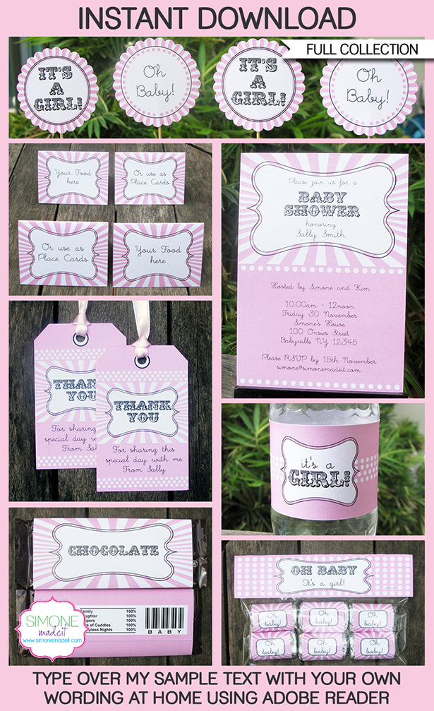 Printable Pink Girl Baby Shower Invitation & Party Decorations