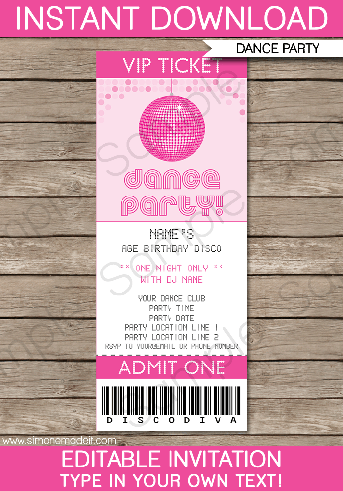 Dance Party Ticket Invitations  Birthday Party