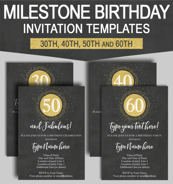 Milestone Birthday Invitation Templates | Chalkboard and Glitter | 30th Birthday Invitation | 40th Birthday Invitation | 50th Birthday Invitation | 60th Birthday Invitation | Editable and Printable | INSTANT DOWNLOAD $7.50 via simonemadeit.com