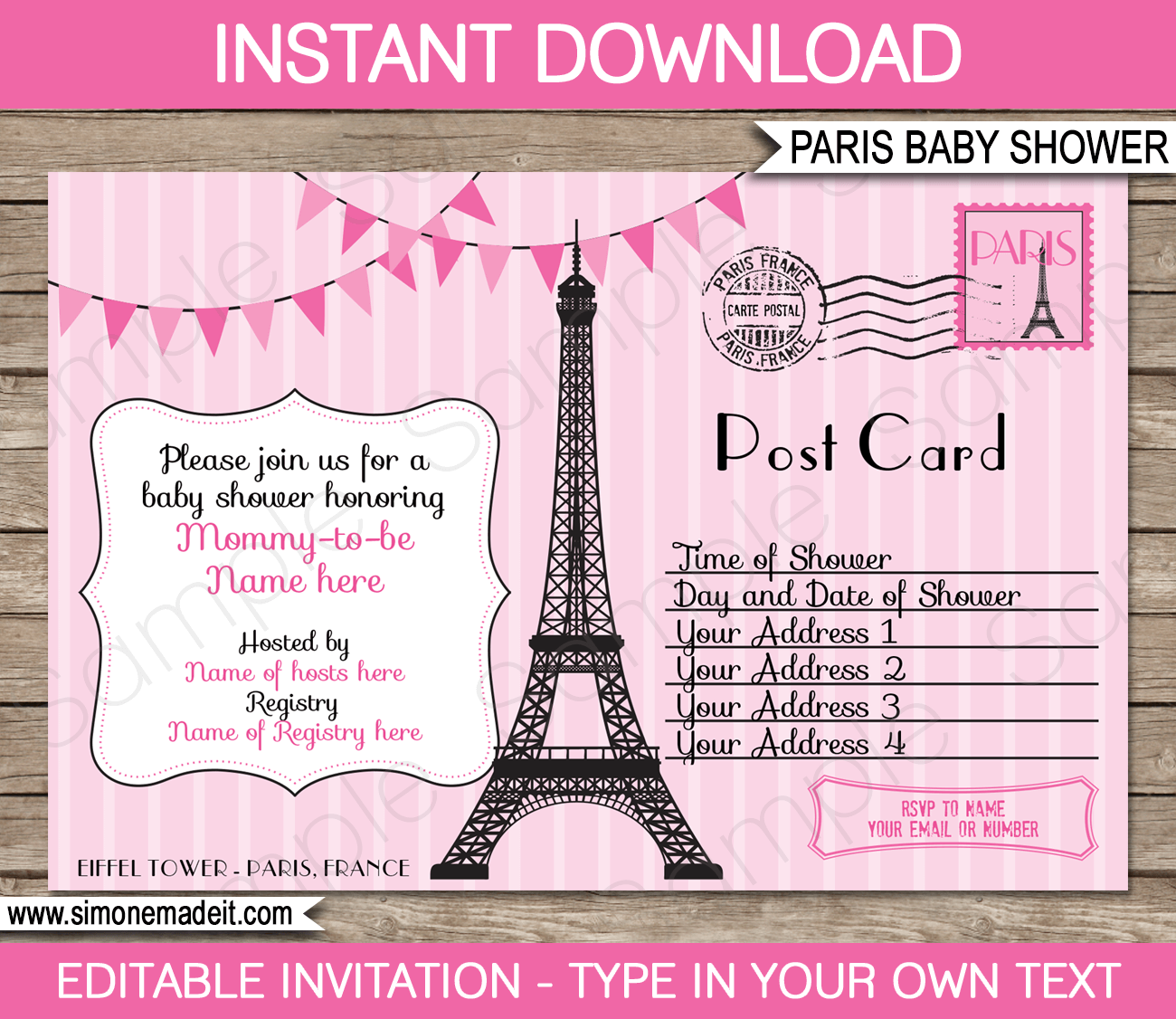 Paris Baby Shower Invitations | Pink Girl | Editable DIY Theme ...