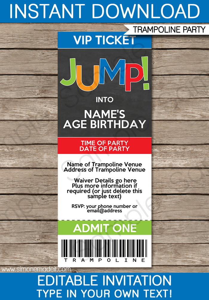 Trampoline Party Ticket Invitations Birthday Party Template