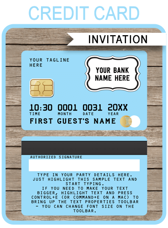 Light Blue Credit Card Invitations | Mall Scavenger Hunt