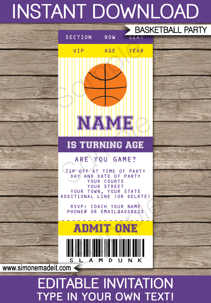 yellow-and-purple-basketball-party-ticket-invitation-template