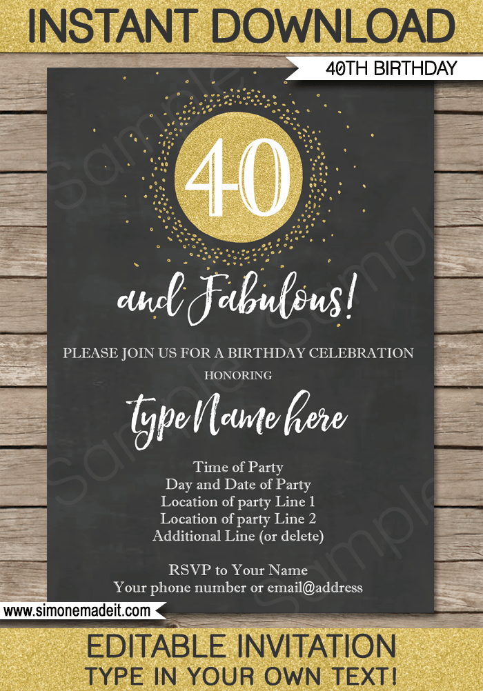 Chalkboard 40th Birthday Invitations Template Gold Glitter