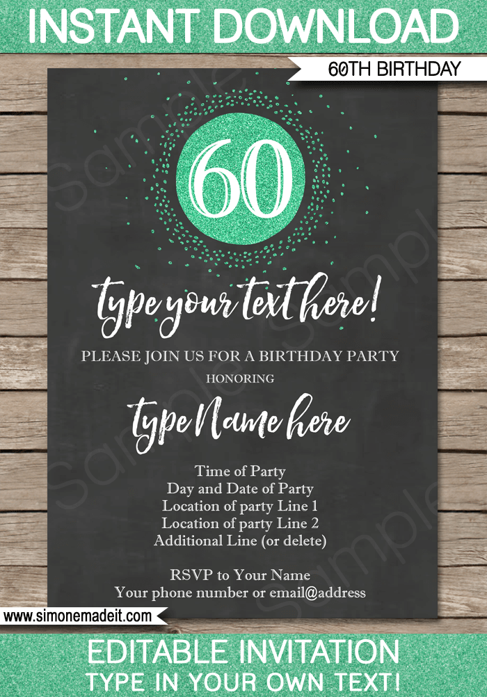 60th Birthday Invitation editable and printable chalkboard green glitter 2