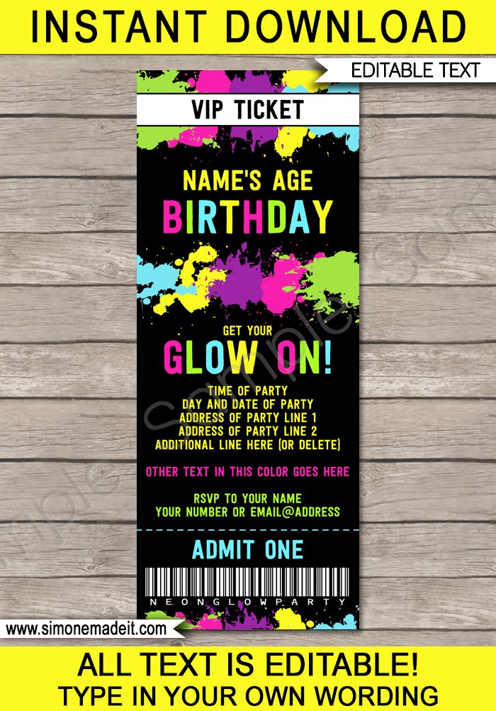 Neon Glow Party Ticket Invitation Template Editable PDF