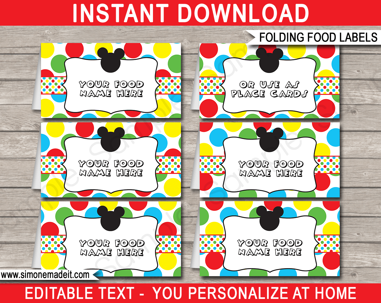 Mickey Mouse Party Food Labels Place Cards Mickey Mouse Theme