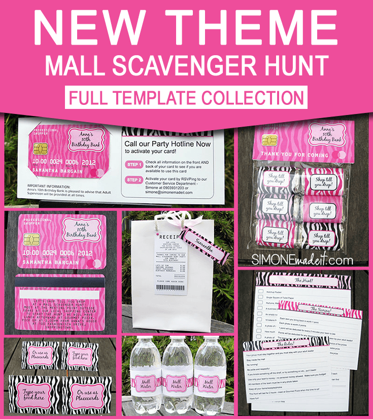 Mall Scavenger Hunt Birthday Party Printables - Editable Templates