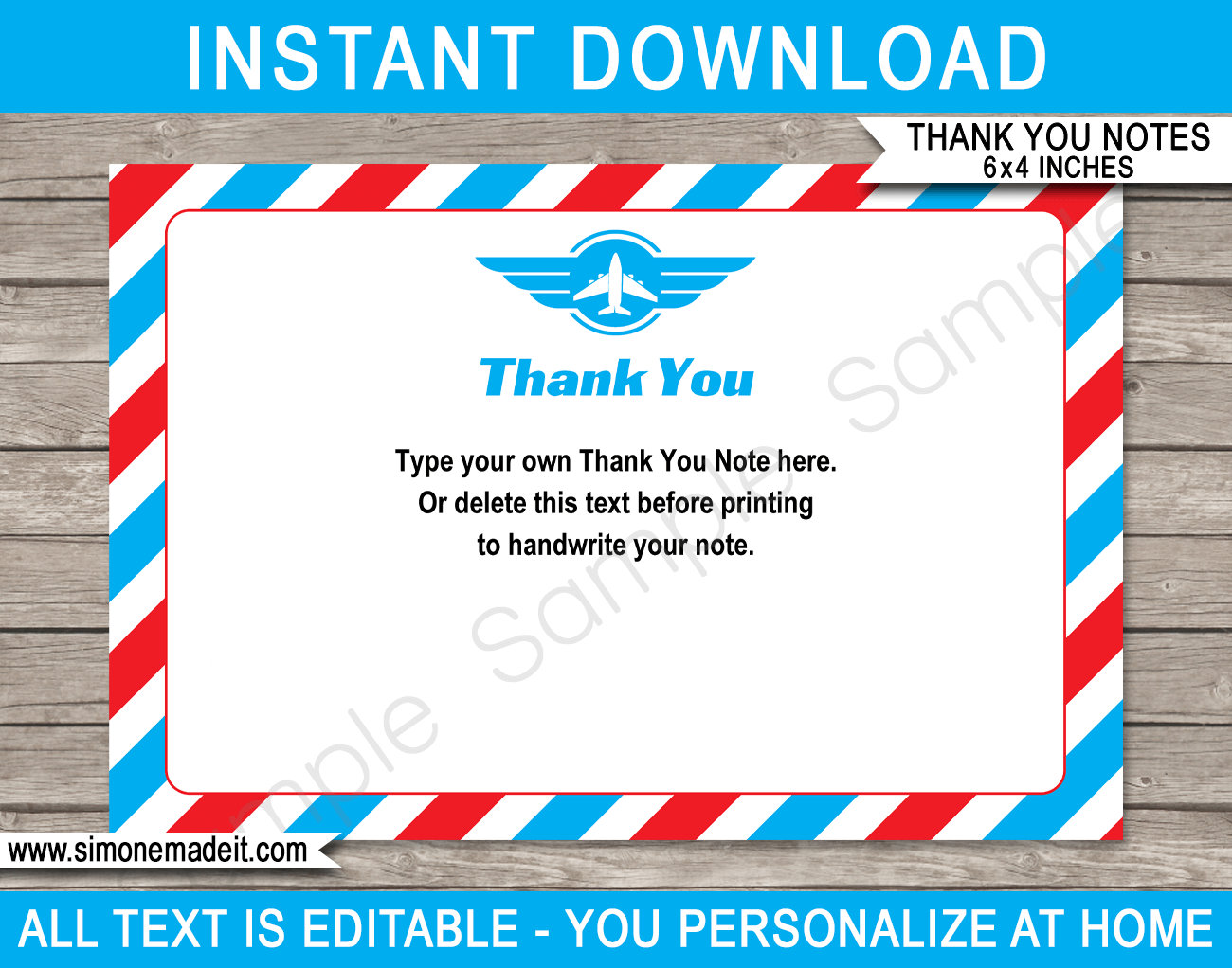 Printable Airplane Birthday Party Thank You Card Printable Template