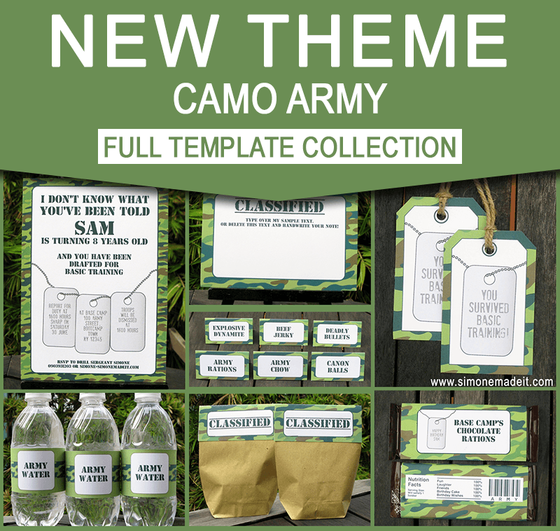 Camo Army Birthday Party Printables - Editable Templates