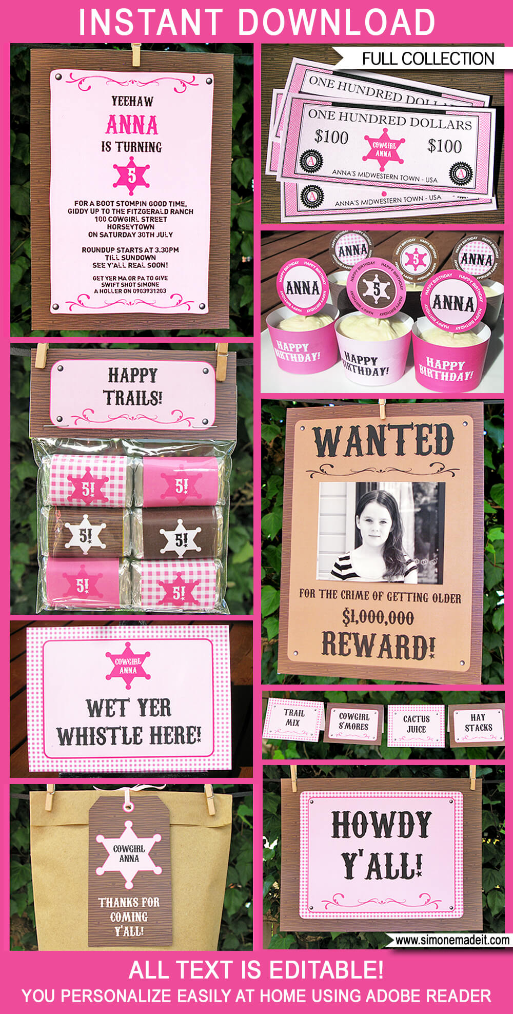 Cowgirl Party Printables, Invitations & Decorations | Birthday Party | Editable Theme Templates | INSTANT DOWNLOAD $12.50 via SIMONEmadeit.com