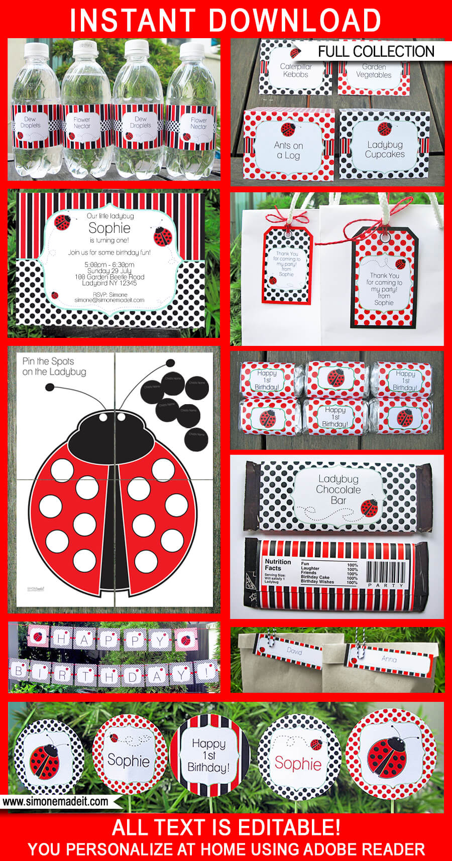 Ladybug Party Printables, Invitations & Decorations | Ladybird Party | Editable Birthday Party Theme Templates | INSTANT DOWNLOAD $12.50 via SIMONEmadeit.com
