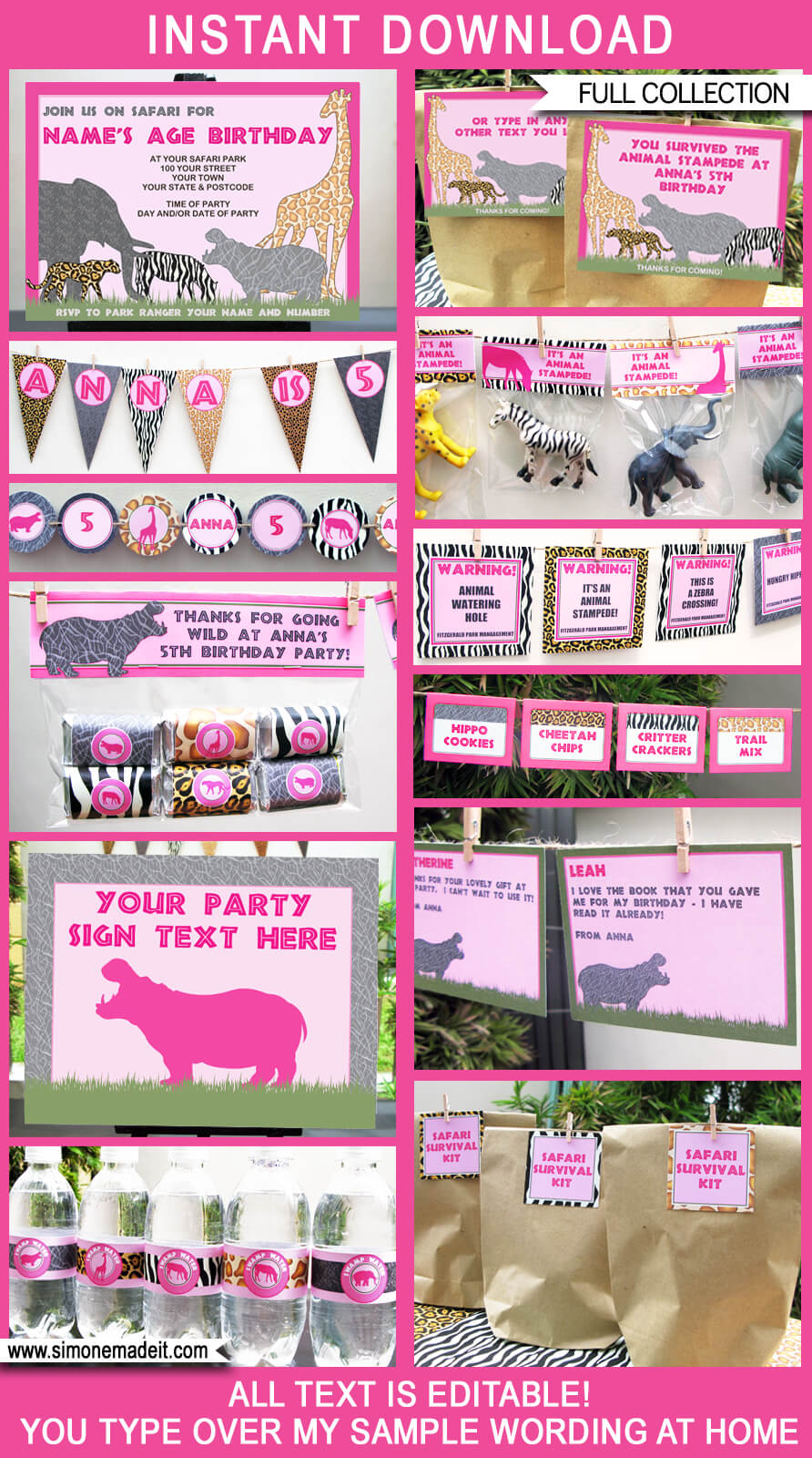 Pink Safari Birthday Party Printables, Invitations, Decorations | Girls Animal Safari Theme | Jungle | Zoo | Editable DIY Templates | INSTANT DOWNLOADS $12.50 via SIMONEmadeit.com