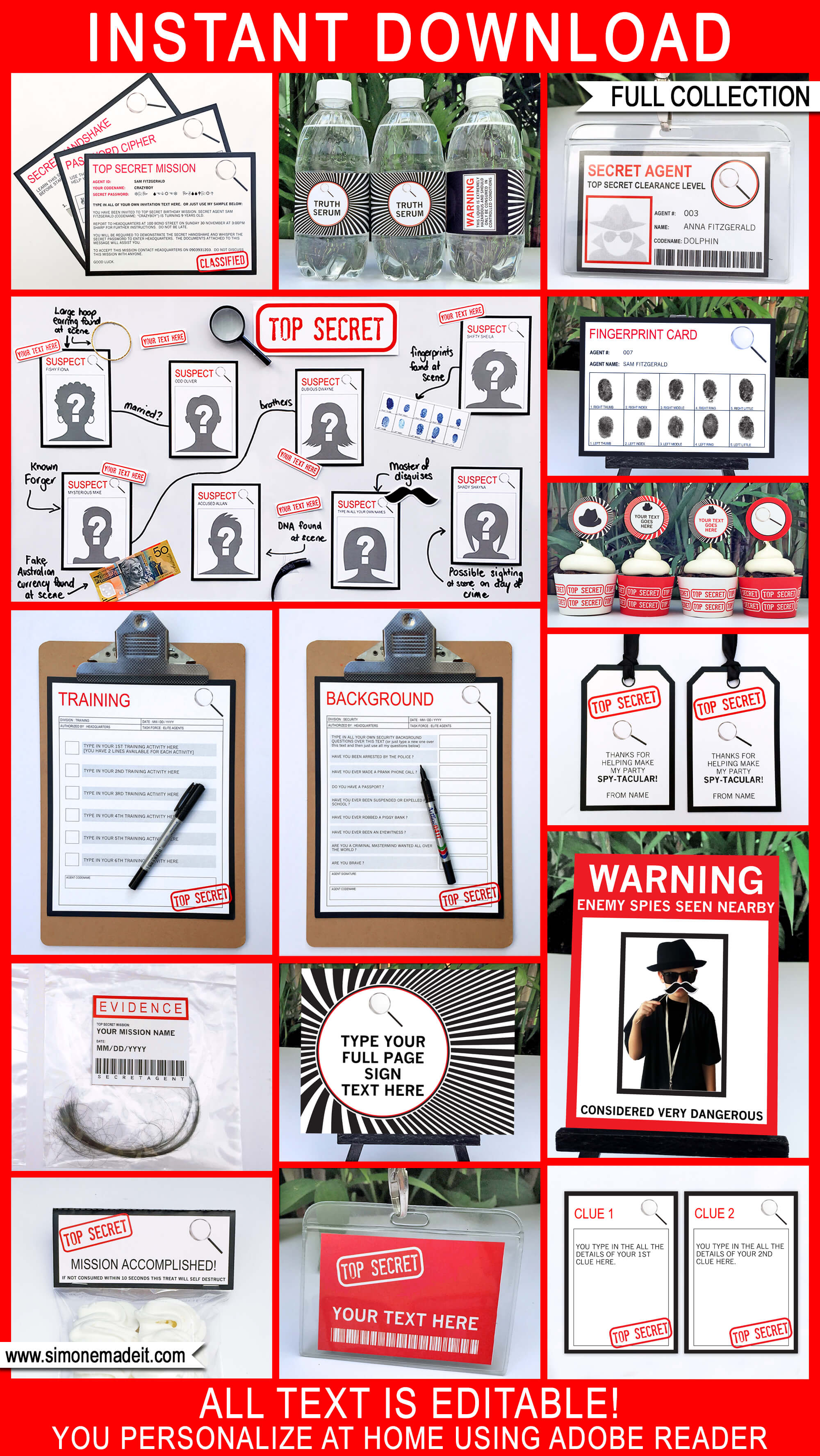 Spy Party Printables, Invitations & Decorations | Secret Agent Theme | Birthday Party | Secret Codes & Ciphers | Editable templates | INSTANT DOWNLOAD via SIMONEmadeit.com