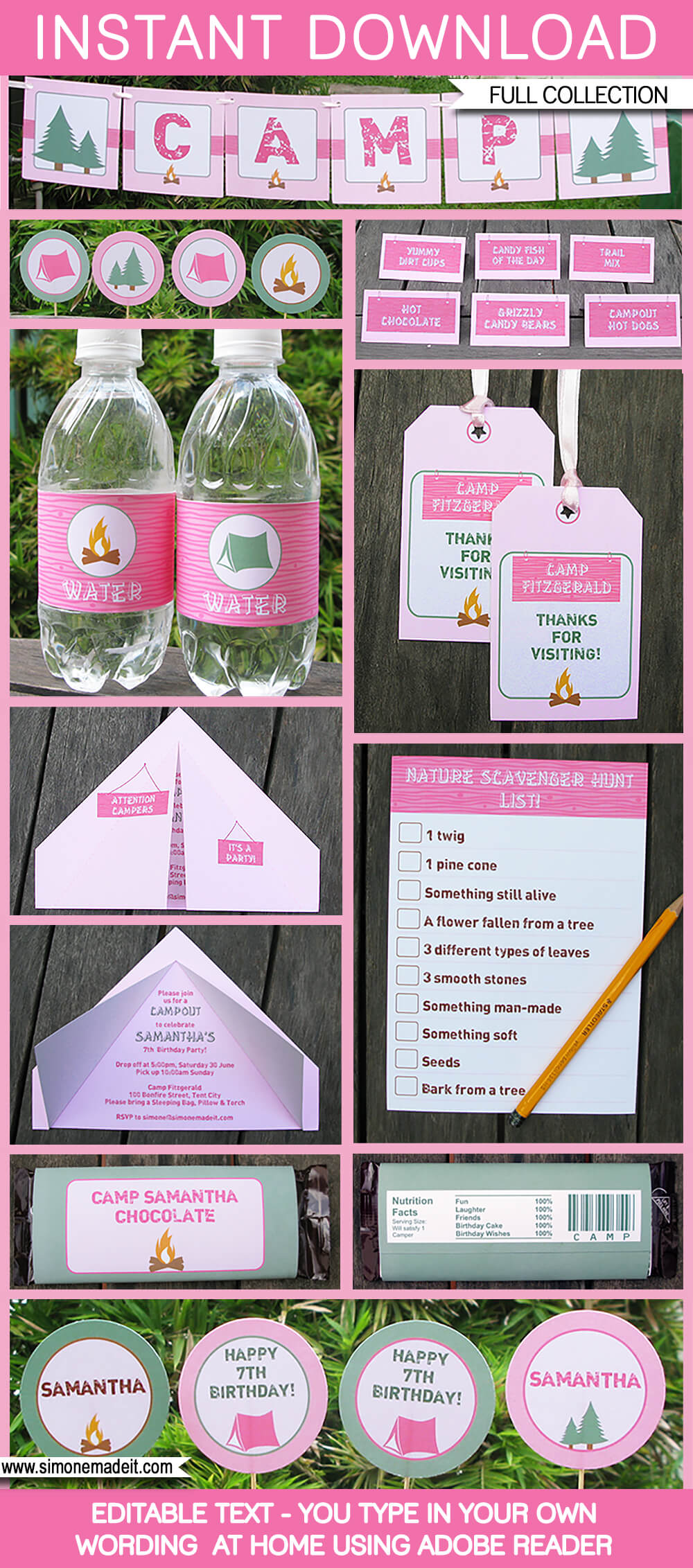 Pink Camping Party Printables, Invitations & Decorations | Tent Invitation | Birthday Party | Editable Theme Templates | INSTANT DOWNLOAD $12.50 via SIMONEmadeit.com