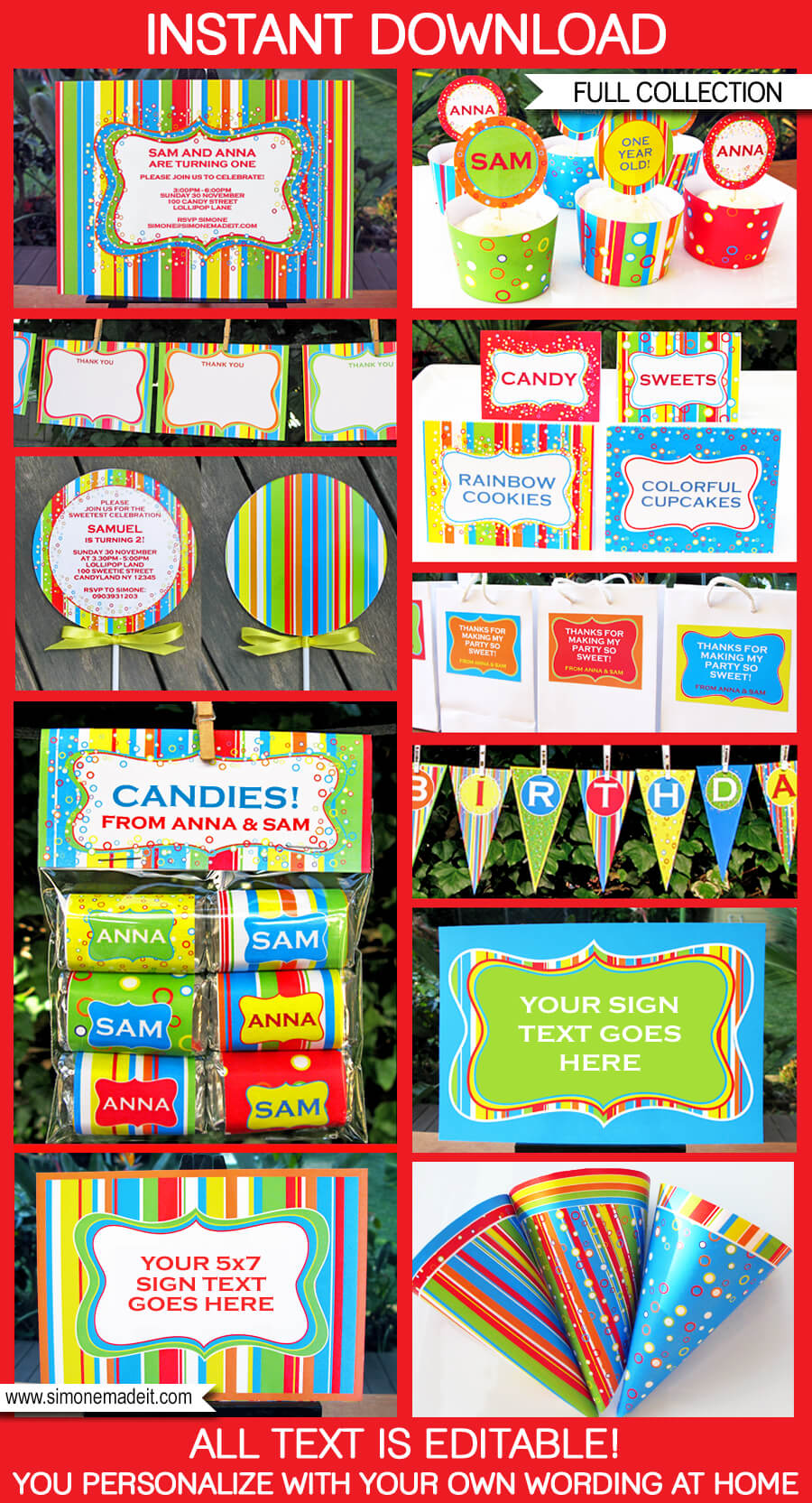 Lollipop Party Printables, Invitations & Decorations | Candyland Party | Sweet Shoppe Party | Editable Birthday Party Theme Templates | INSTANT DOWNLOAD $12.50 via SIMONEmadeit.com
