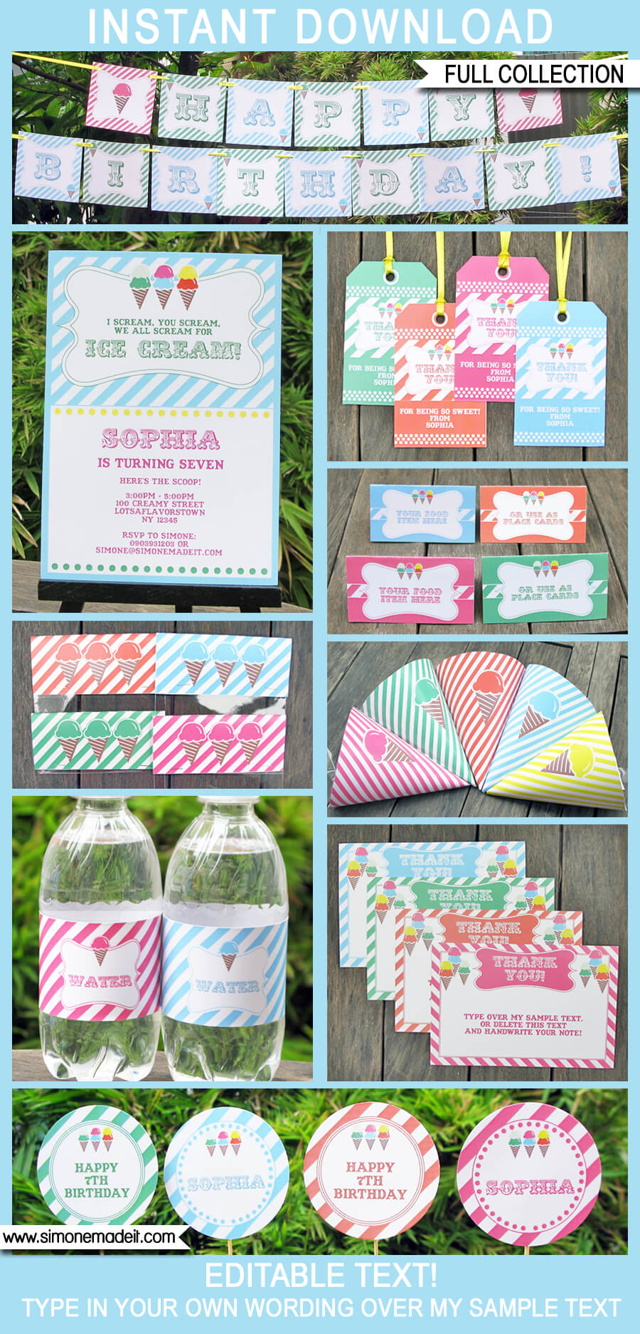 Ice Cream Party Printables, Invitations & Decorations | Editable Birthday Party Theme Templates | INSTANT DOWNLOAD $12.50 via SIMONEmadeit.com