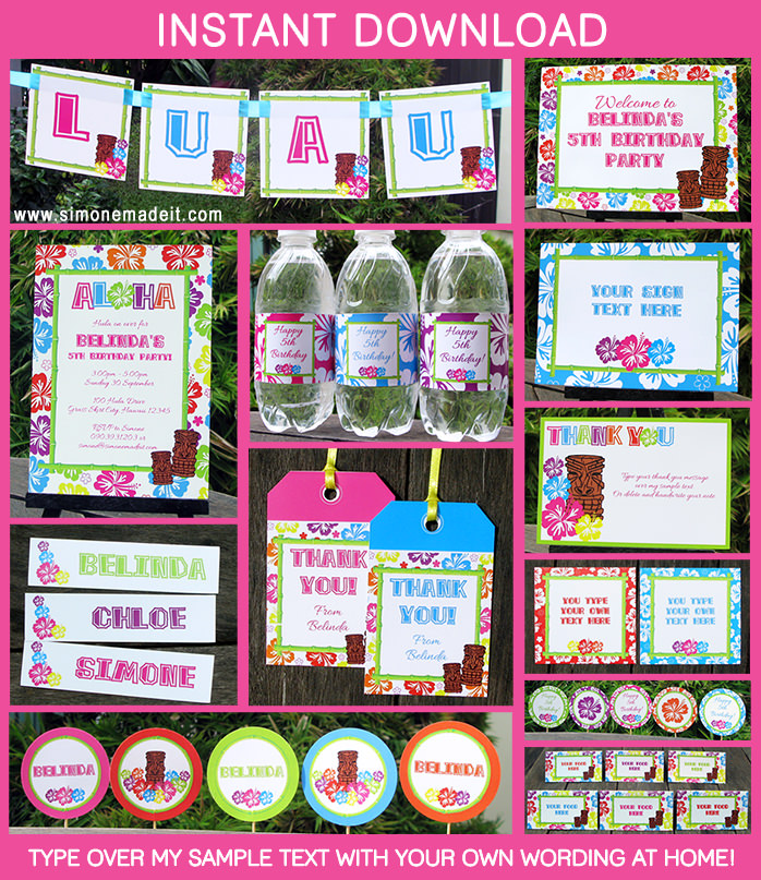 Luau Birthday Party Invitations | Luau Decorations | Printable Theme Templates