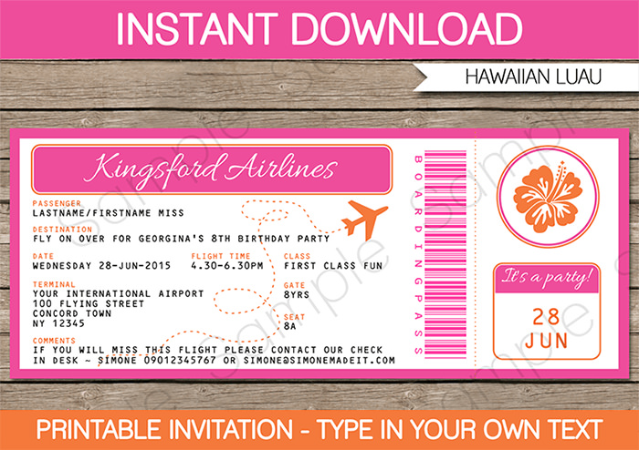 LUAU BOARDING PASS INVITATIONS