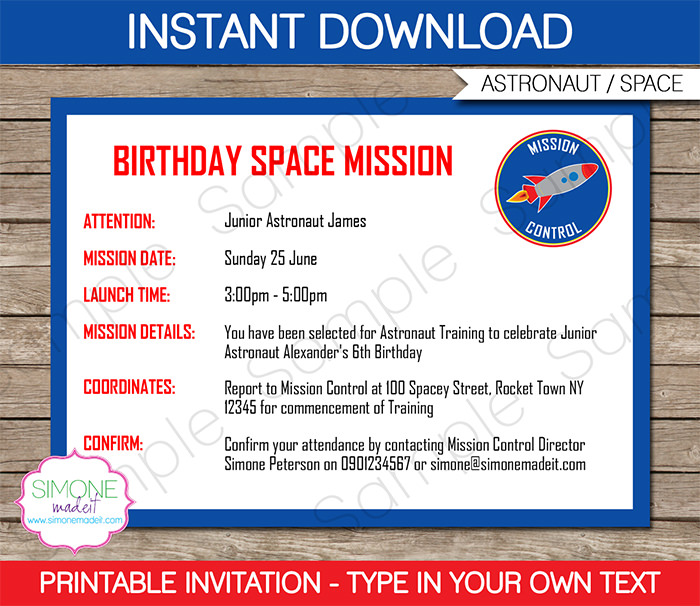 Astronaut Training Birthday Party Invitation