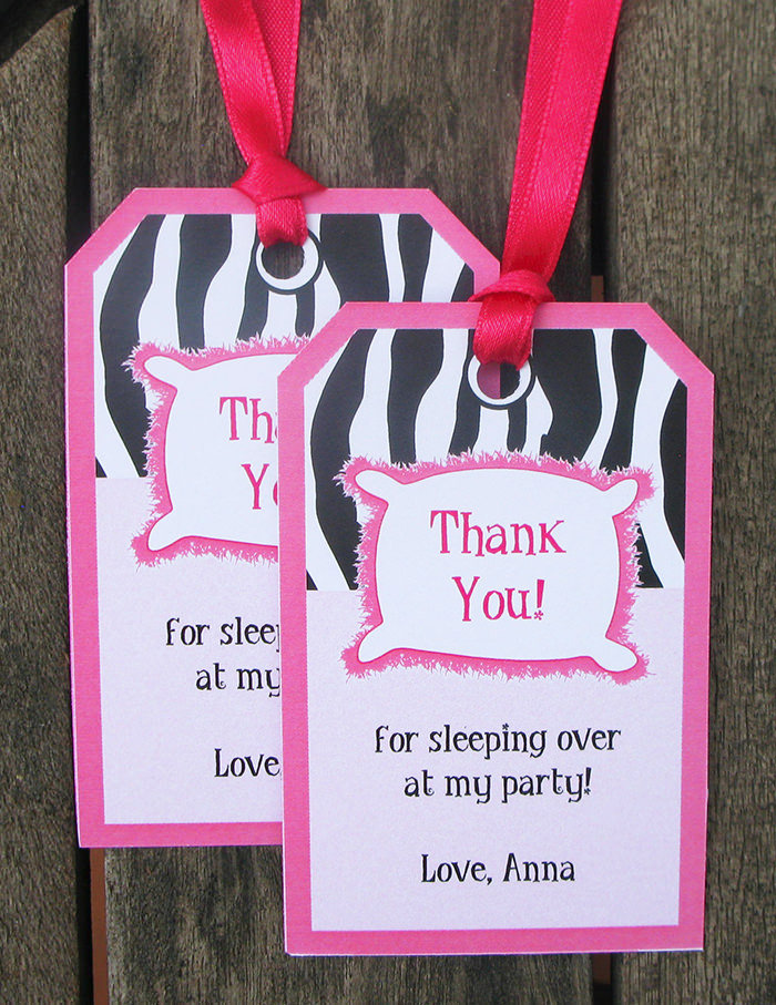 printable zebra sleepover party theme thank you tags