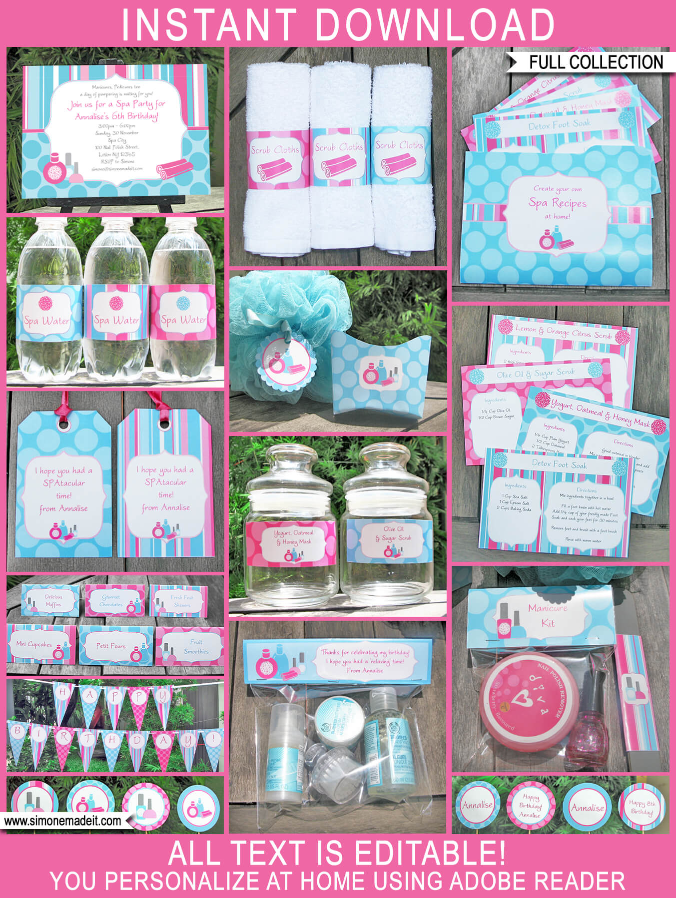 Spa Party Printables, Invitations & Decorations | Editable Birthday Party Theme Templates | INSTANT DOWNLOAD $12.50 via SIMONEmadeit.com