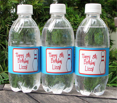 printable bowling party water bottle wrapper