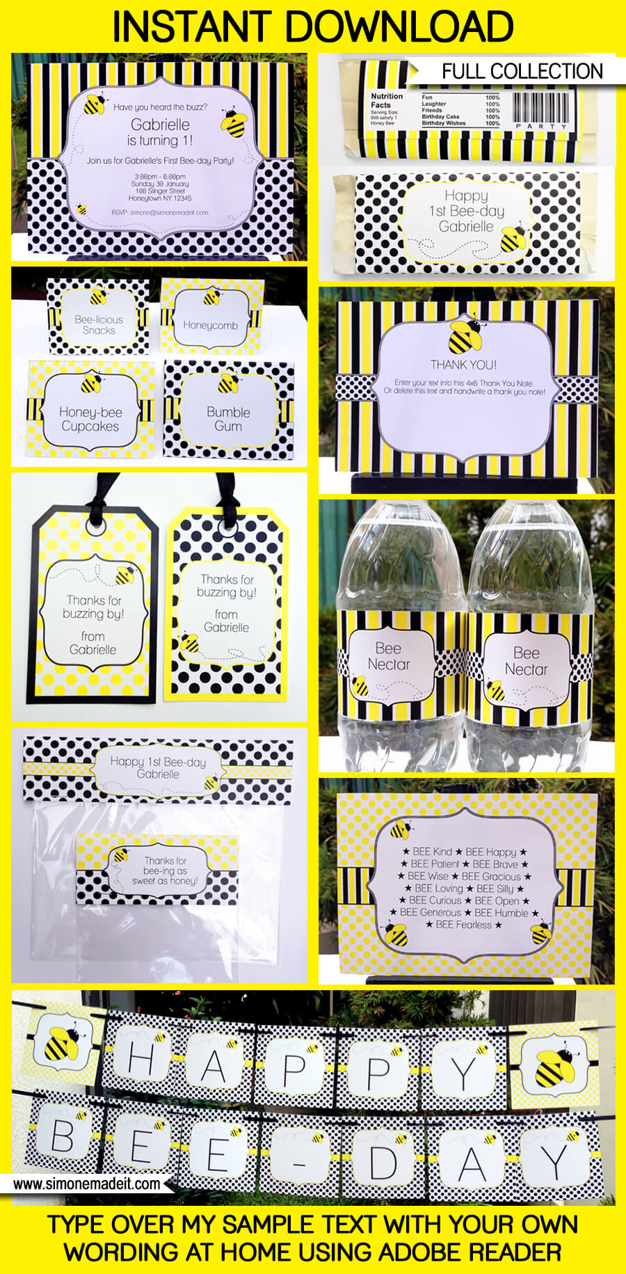 Bee Party Printables, Invitations & Decorations | Birthday Party | Editable Theme Templates | INSTANT DOWNLOAD $12.50 via SIMONEmadeit.com