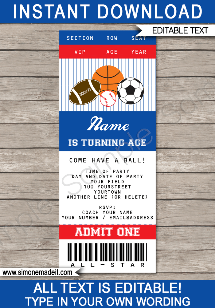 All Star Sports Ticket Invitations Template | Birthday party | Football Basketball Baseball Soccer | Editable DIY Theme Template | INSTANT DOWNLOAD $7.50 via SIMONEmadeit.com