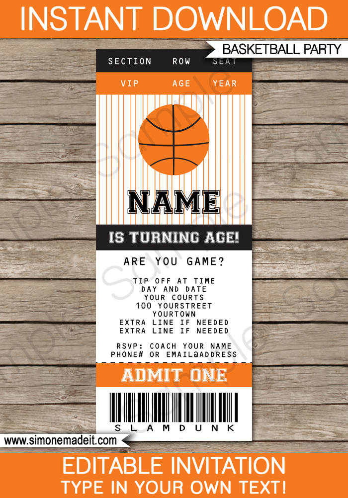 Basketball Ticket Invitation Template | Printable Birthday Party Ticket Invite | Team Parties | March Madness | DIY Basketball Theme with Editable Text | INSTANT DOWNLOAD via SIMONEmadeit.com