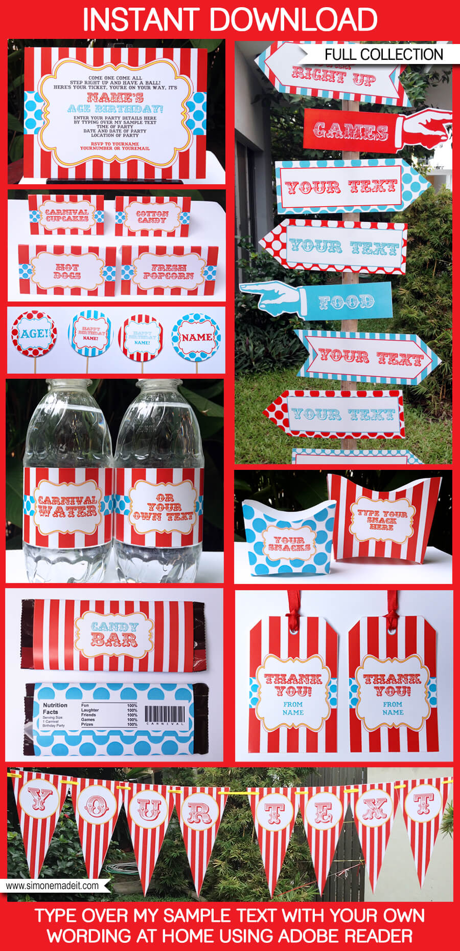 Red Aqua Circus Party Printables, Invitations & Decorations | Carnival Party | Birthday Party | Editable Theme Templates | INSTANT DOWNLOAD $12.50 via SIMONEmadeit.com