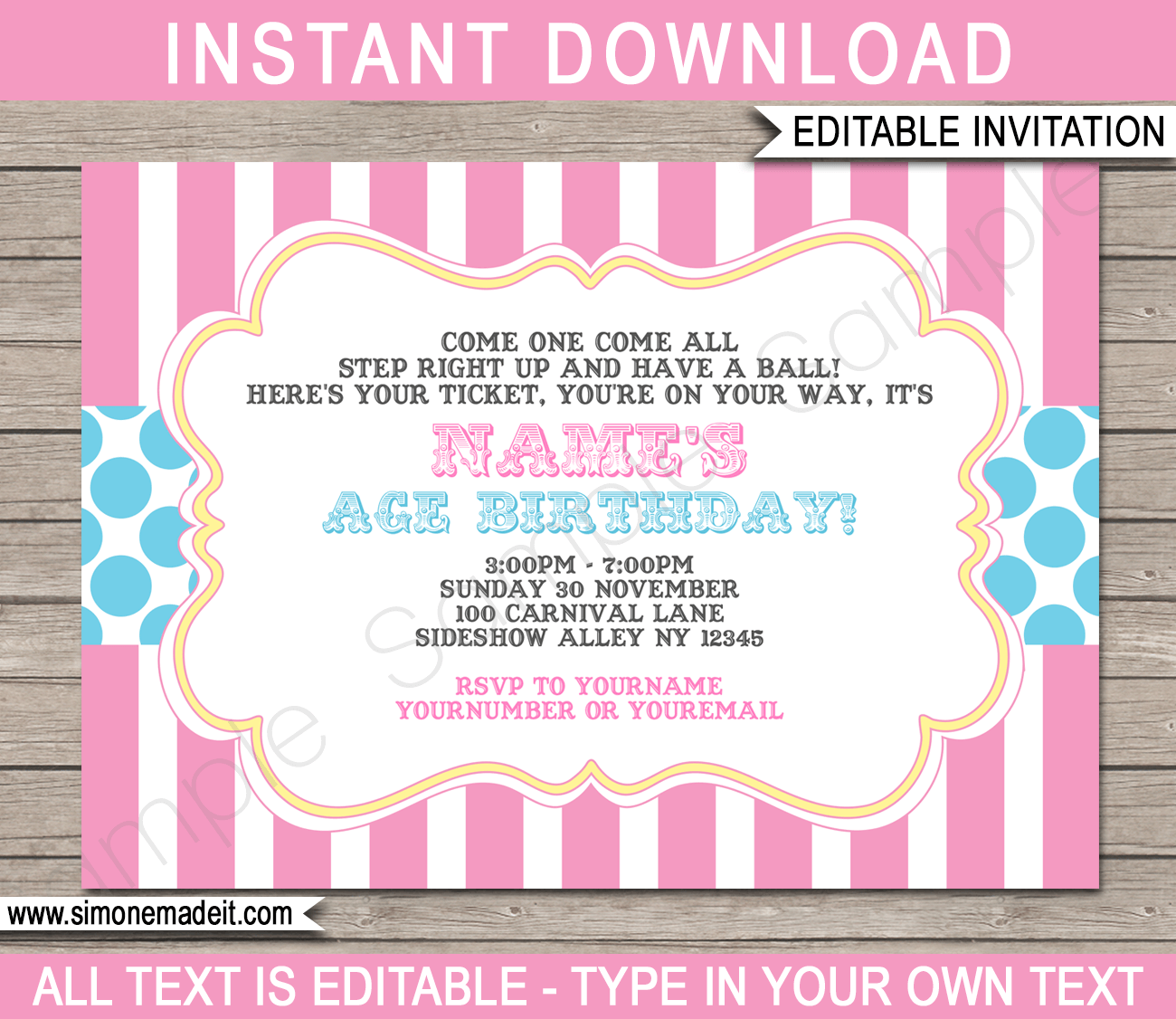 Carnival Birthday Party Invitations | Circus Party | Pink and Aqua | Birthday Party | Editable DIY Theme Template | INSTANT DOWNLOAD $7.50 via SIMONEmadeit.com