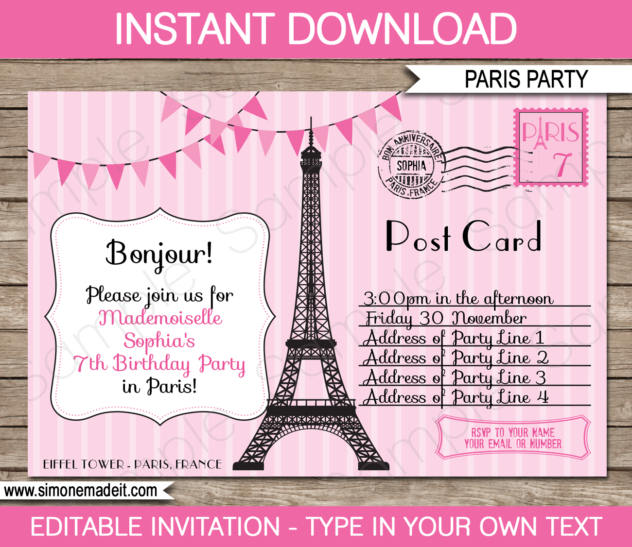 Paris Party Invitations | Postcard to Paris | Birthday Party | Editable DIY Theme Template | INSTANT DOWNLOAD $7.50 via SIMONEmadeit.com