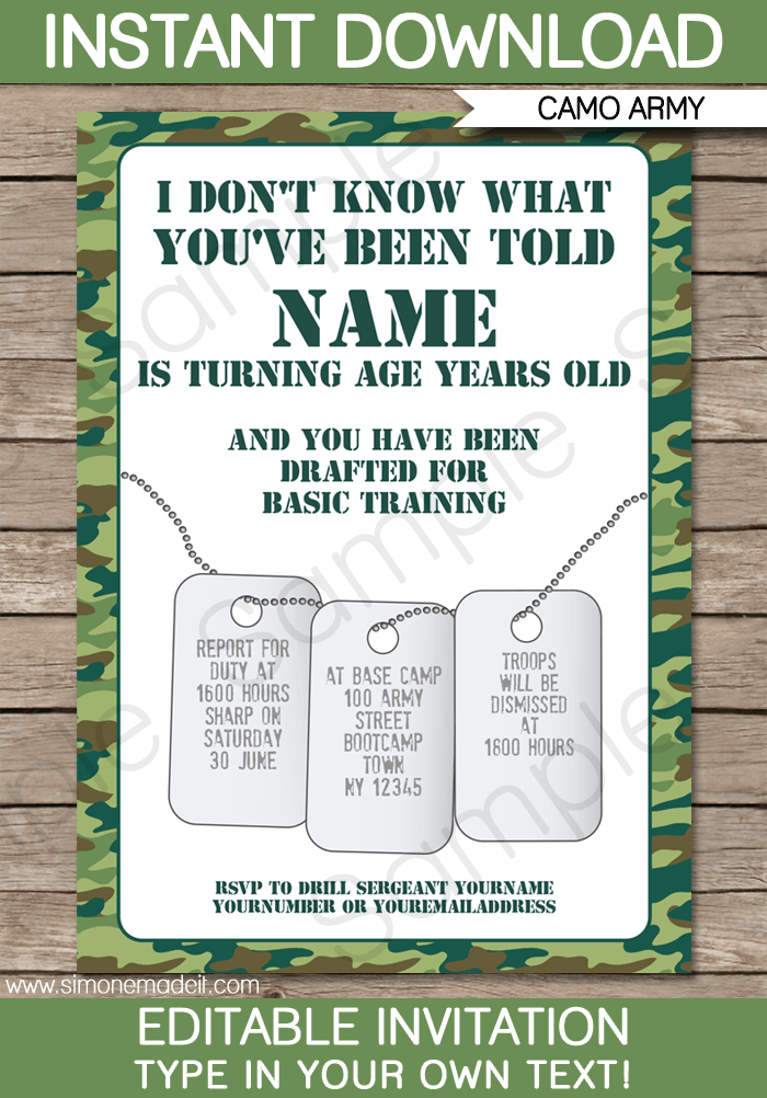 Army Party Invitation Template | Army Birthday Party Invite | Green Camo | Boot Camp | Editable & Printable DIY Template | INSTANT DOWNLOAD $7.50 via SIMONEmadeit.com