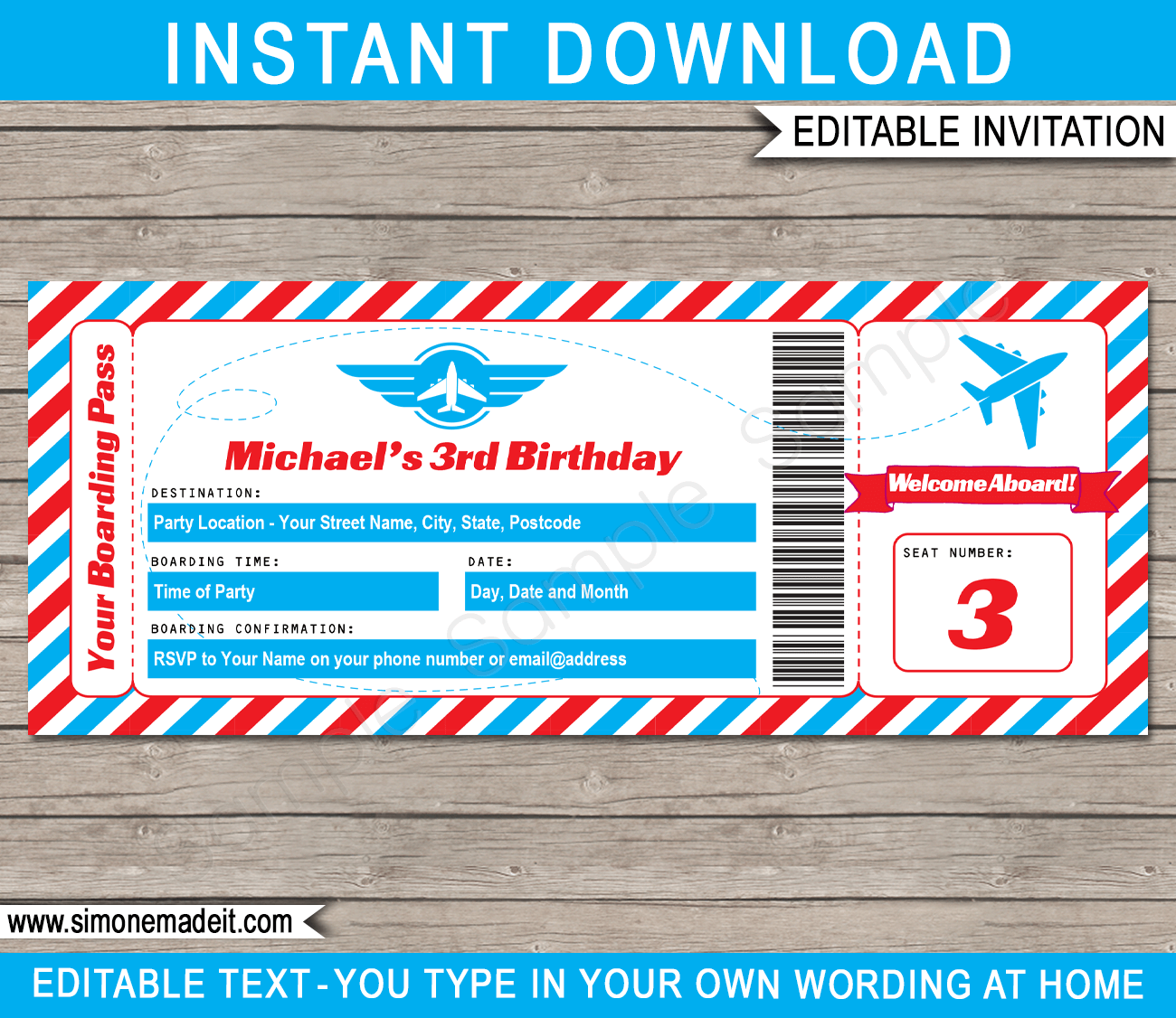 Airplane Party Boarding Pass Invitations