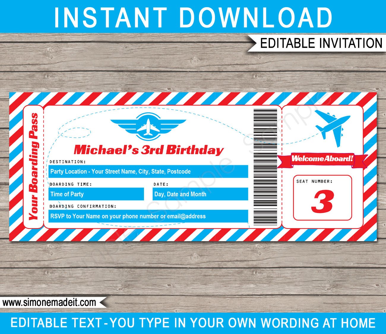 Printable Airplane Ticket Invitations Template | Boarding Passes | Birthday Party | Editable DIY Plane Theme | INSTANT DOWNLOAD $7.50 via SIMONEmadeit.com