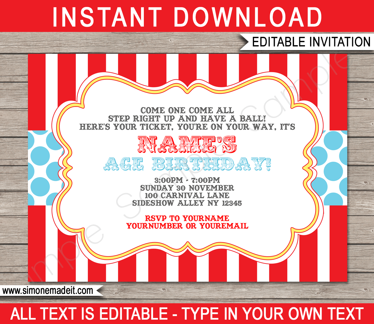 Circus Invitation Template | Red Aqua | Party Invitations | Carnival Party | Birthday Party | Editable DIY Theme Template | INSTANT DOWNLOAD $7.50 via SIMONEmadeit.com