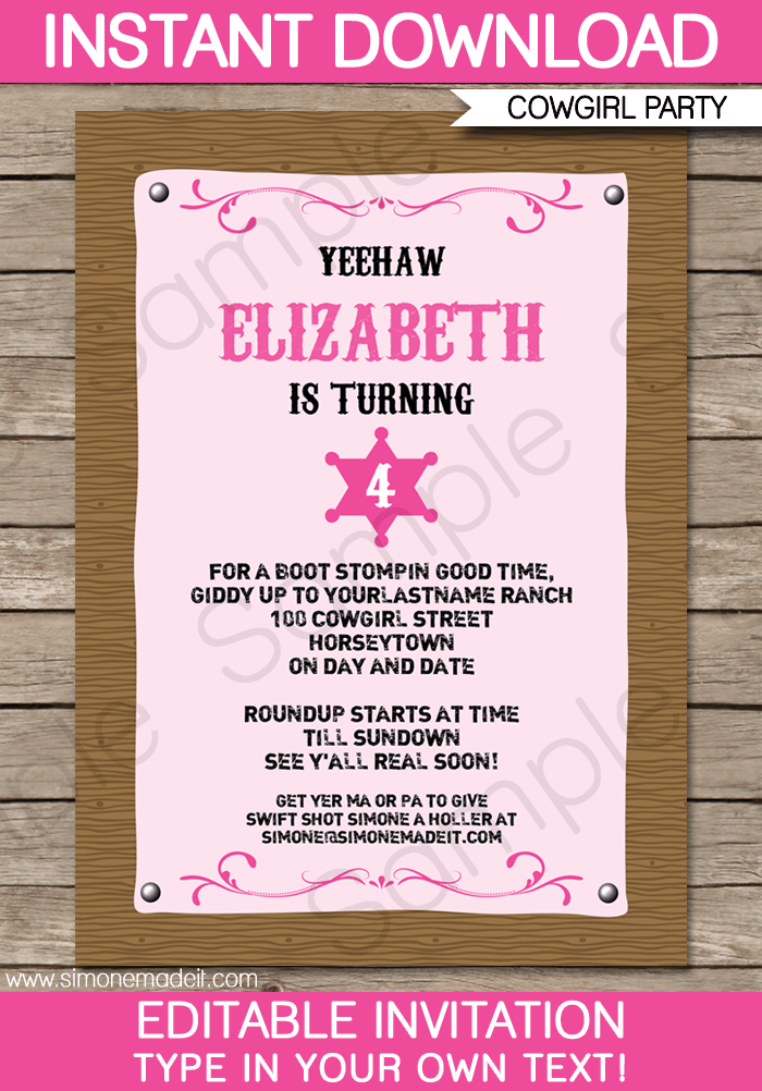 Cowgirl Party Invitations | Birthday Party | Editable DIY Theme Template | INSTANT DOWNLOAD $7.50 via SIMONEmadeit.com