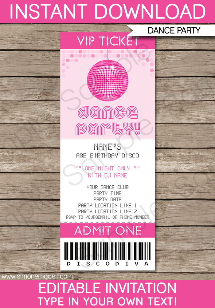 Dance Party Ticket Invitations | Disco Party | Disco Ball | Birthday Party | Editable DIY Theme Template | INSTANT DOWNLOAD $7.50 via SIMONEmadeit.com