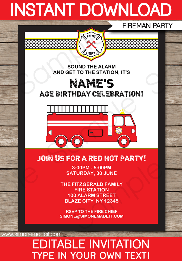 Fire Truck Party Invitations Template Fireman Birthday