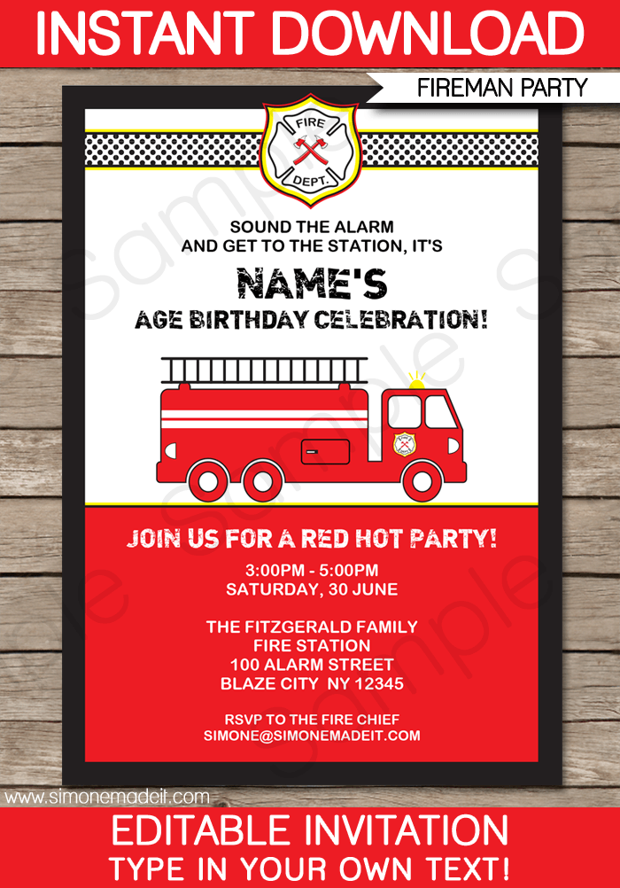 Firefighter Invitation Firetruck Invite Firefighter Birthday 