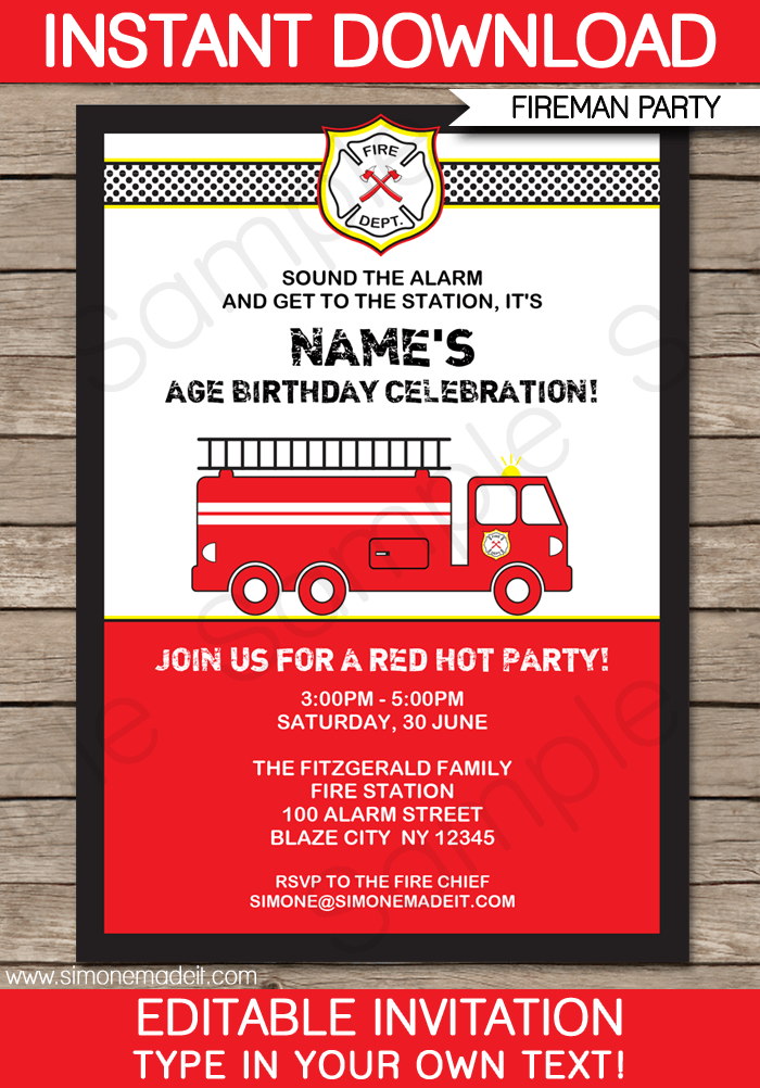 Fire Truck Party Invitations Template | Printable Fireman Birthday Invites