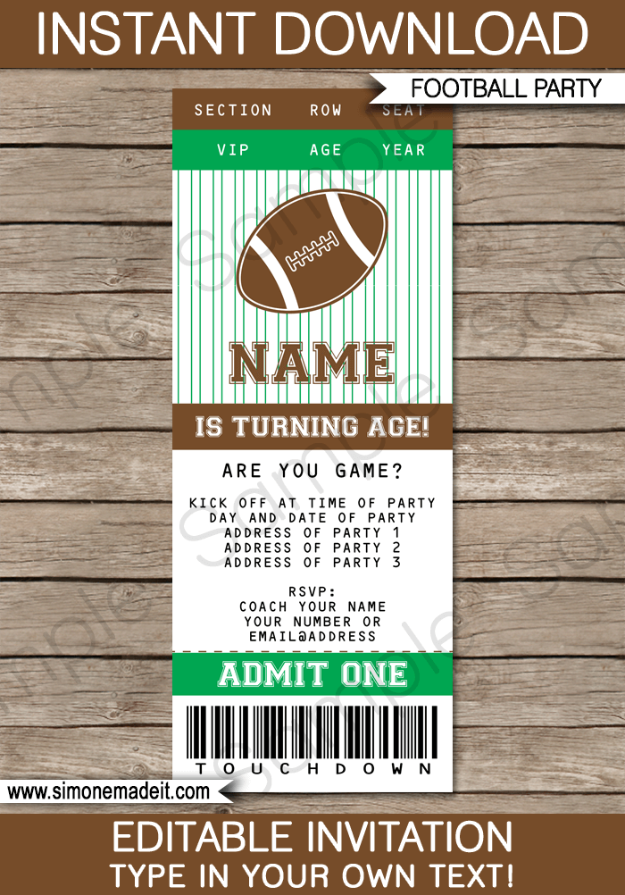 Football Personalised Party Invitations ticket