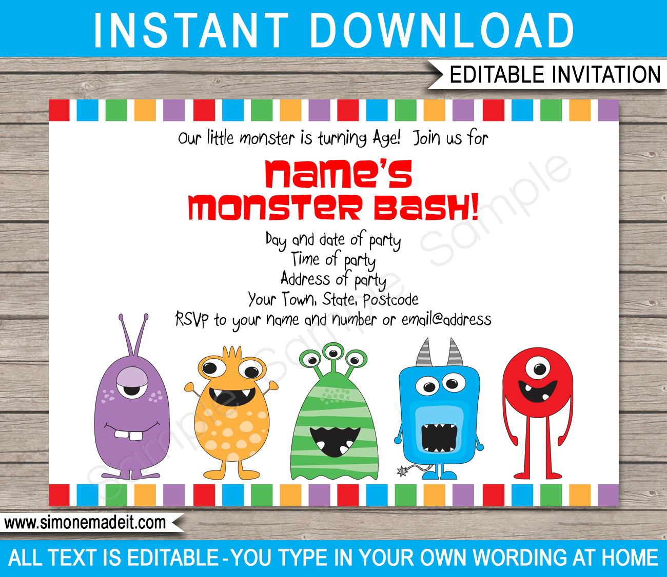 Printable Monster Birthday Party Invitations Template | DIY Editable Text | INSTANT DOWNLOAD $7.50 via SIMONEmadeit.com