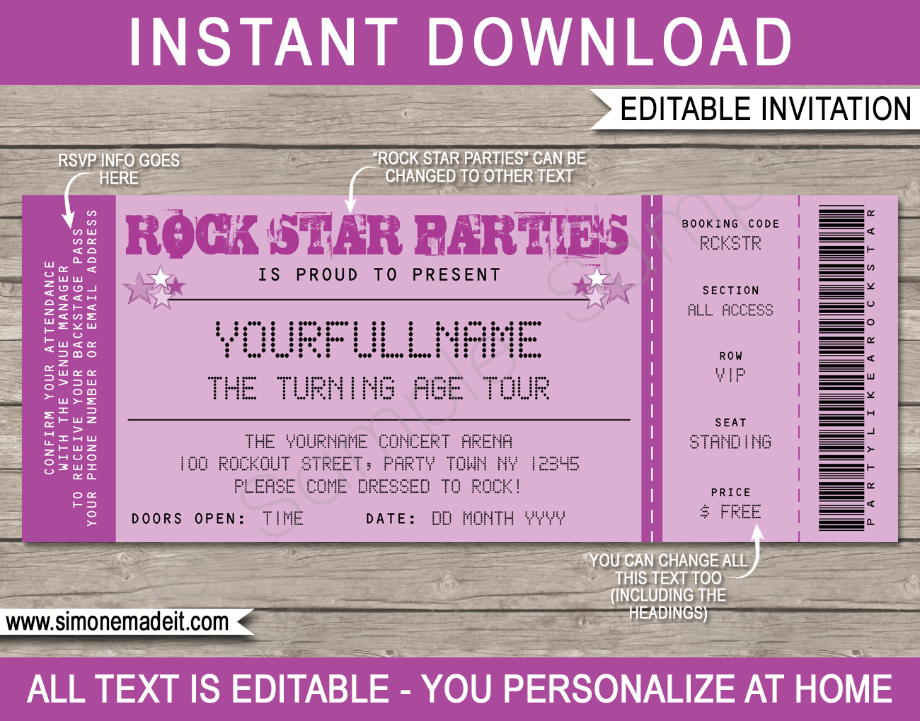 Rock Star Party Ticket Invitations | Concert Tickets | Purple | Birthday Party | Editable DIY Theme Template | INSTANT DOWNLOAD $7.50 via SIMONEmadeit.com