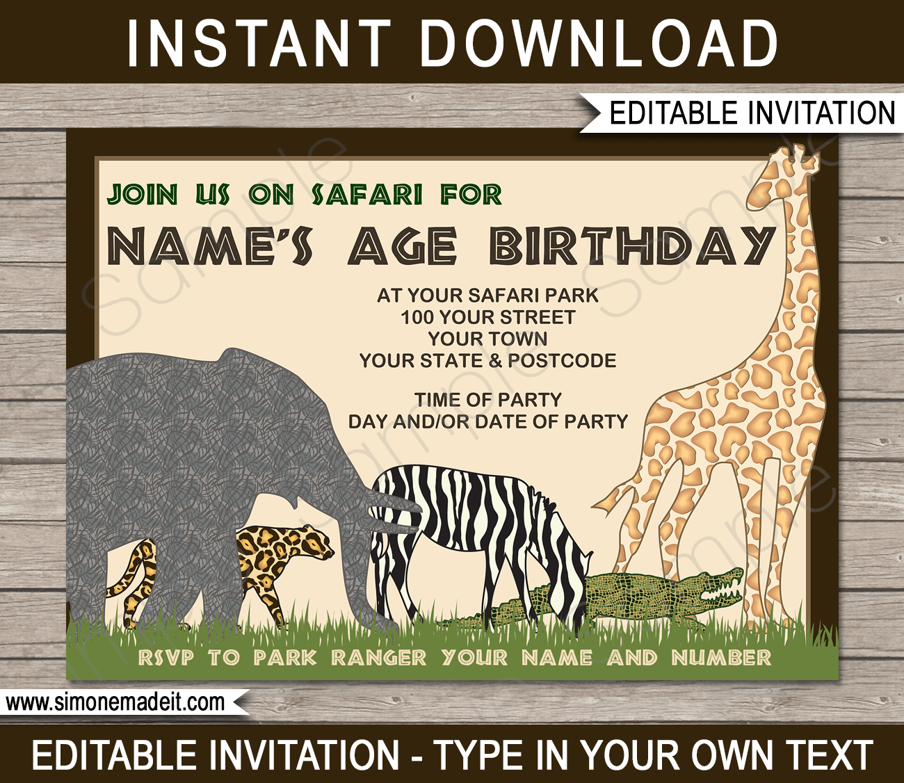 Safari or Zoo Party Invitations Template | Birthday Party