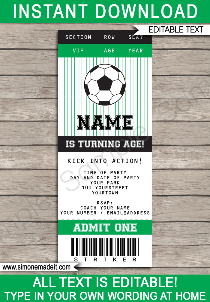 Printable Soccer Party Ticket Invitations Template | Football | Birthday Party Invites | DIY Editable Text | INSTANT DOWNLOAD $7.50 via SIMONEmadeit.com