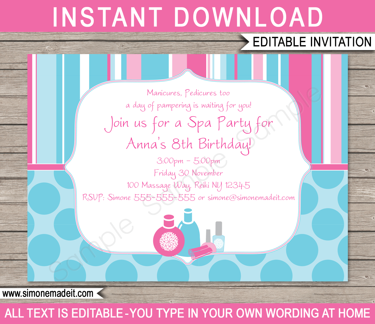 8 Spa Party Birthday or Shower Personalized Invitations 