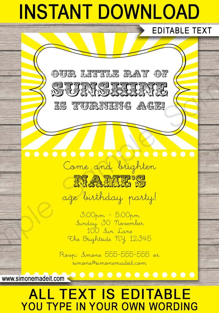 Printable Sunshine Party Invitations | You Are My Sunshine | Birthday Party | Editable DIY Theme Template | INSTANT DOWNLOAD $7.50 via SIMONEmadeit.com