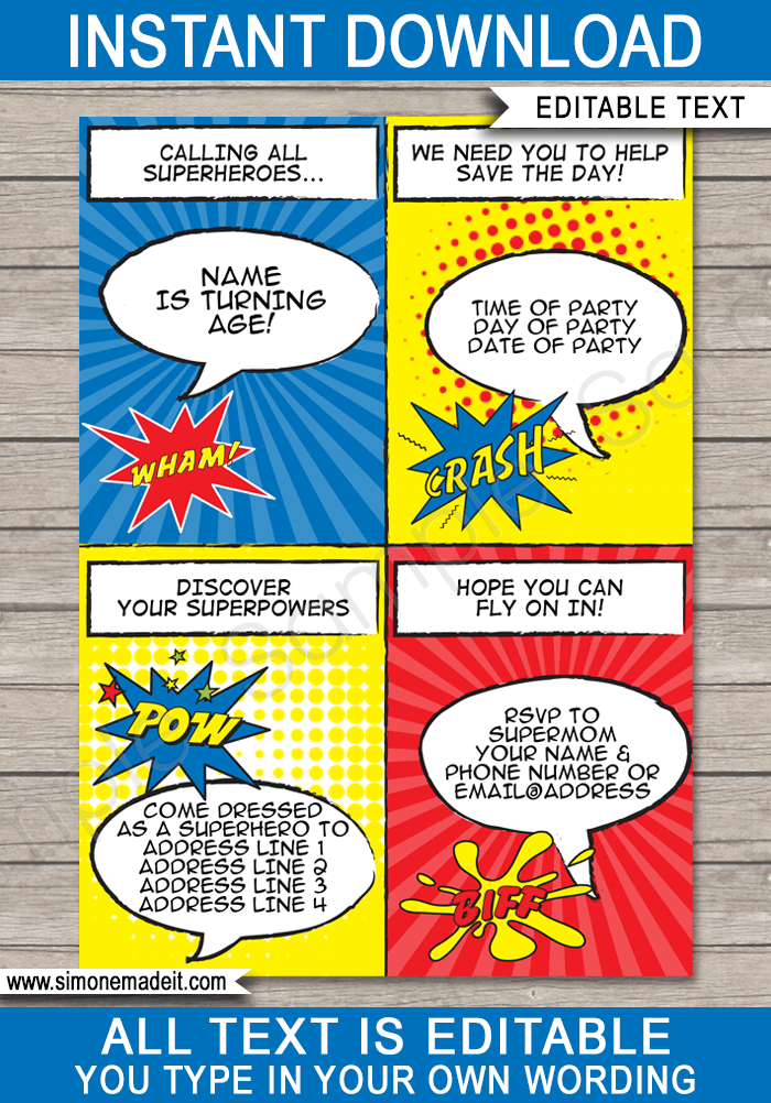 Printable Superhero Party Invitations Template | Super Hero |  Birthday Party | DIY Editable Text | INSTANT DOWNLOAD $7.50 via SIMONEmadeit.com